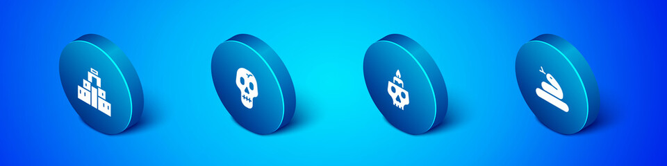 Set Isometric Chichen Itza in Mayan, Burning candle on skull, Snake and Skull icon. Vector