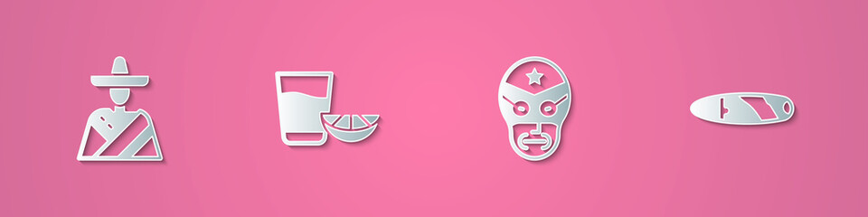 Set paper cut Mexican man sombrero, Tequila glass with lemon, wrestler and Cigar icon. Paper art style. Vector