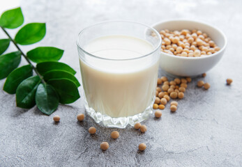 Soy milk and soy on the table