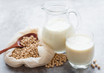 Soy milk and soy on the table