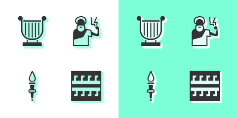 Set Ancient Greek pattern, lyre, Torch flame and Zeus icon. Vector