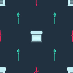 Set Dagger, Decree, parchment, scroll and Medieval spear on seamless pattern. Vector
