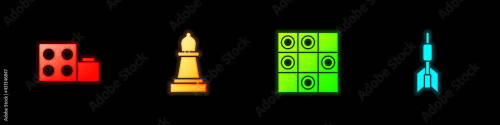 Poster set toy building block bricks, chess, board game of checkers and dart arrow icon. vector