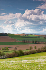 Obraz premium A dramatic cloudscape above the rolling hills in the South of Limburg in the Netherlands. The colourful landscape is split by winding roads and small paths.