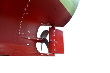 Rudder with Propeller cargo ship at stern isolated on white background
