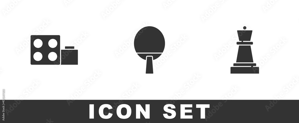 Poster set toy building block bricks, racket and chess icon. vector