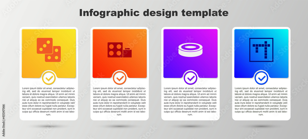 Poster set game dice, toy building block bricks, checker game chips and bingo. business infographic templat