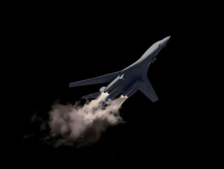 A modern fighter plane takeoff with smoke and flames isolated on black
