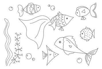 Set of fish in the style doodle. Simple vector illustration, fish, algae, bubbles, line art. Collection of marine, river animals under water, isolated on a white background