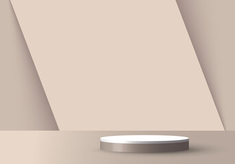 3D realistic empty light brown and white round pedestal mockup overlapped on diagonal backdrop