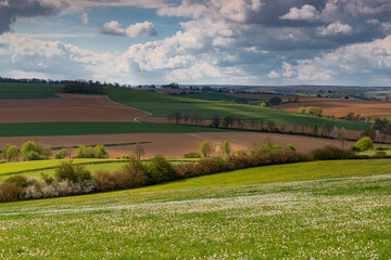 Fototapeta na wymiar A dramatic cloudscape above the rolling hills covered with wild flowers in the South of Limburg in the Netherlands. The colourful landscape is split by winding roads and small paths.