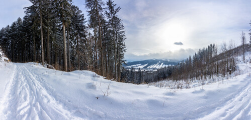 Fototapeta na wymiar Winter snowy landscape in Jeseniky mountains. Road from Pomezi to viewpoint of Medvedi kamen.