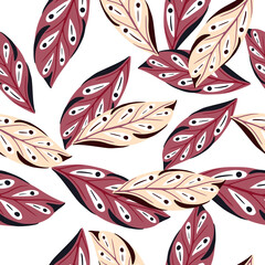 Isolated seamless pattern with random pink geometric leaf ornament. White background. Decorative forest foliage.