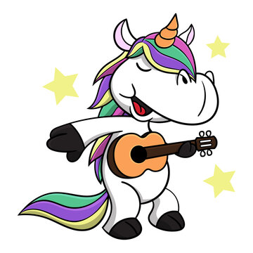 Funny Little Unicorn with rainbow color hair cartoon characters singing and playing classical guitar, best for mascot, logo, and sticker with fairy tales themes or fashion for kids