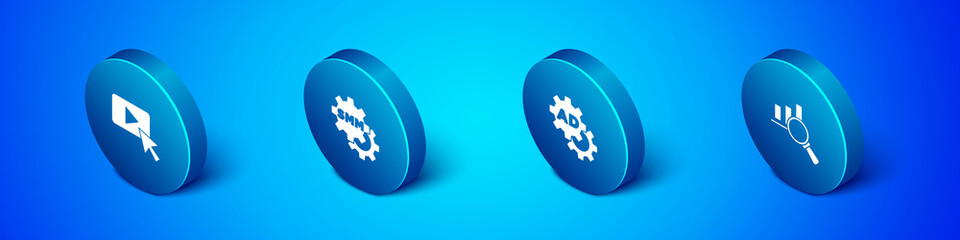 Set Isometric Advertising, , Magnifying glass and analysis and Social media marketing icon. Vector