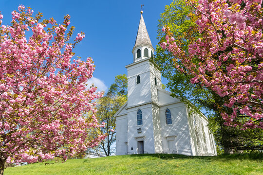 Warwick, NY-USA-May 1, 2021:: Landscape view of the historic Old School Baptist Meeting house flanked by flowering trees located in center of the village of Warwick.