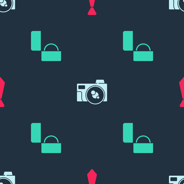 Set Tie, Photo camera and Diamond engagement ring on seamless pattern. Vector