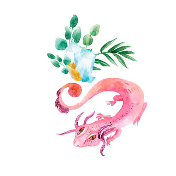 Watercolor Illustration Of A Pink Salamander And A Bouquet Of Green Delicate Leaves And Colored Crystals.Drawn By Hand, Print For Clothes, Pattern Element, Fantasy Books