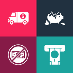 Set pop art ATM and money, No, Broken piggy bank and Armored truck icon. Vector
