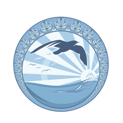 seagull flying against sun rays over sea wave - aquatic wildlife circle vector emblem design