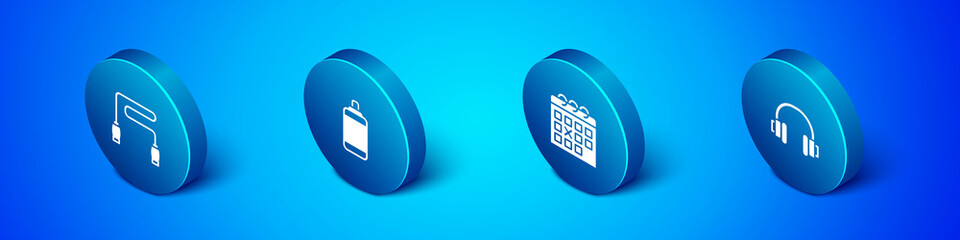 Set Isometric Jump rope, Calendar fitness, Headphones and Punching bag icon. Vector