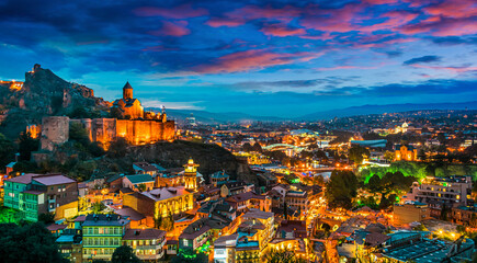 Panoramic view of Tbilisi, Georgia after sunset - obrazy, fototapety, plakaty