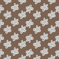 Seamless pattern in hand drawn style with little flowers buds ornament. Brown background. Floral backdrop.