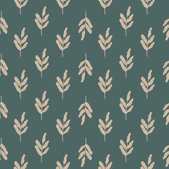 Abstract little foliage silhouettes seamless doodle pattern in botanic style. Dark turquoise background.