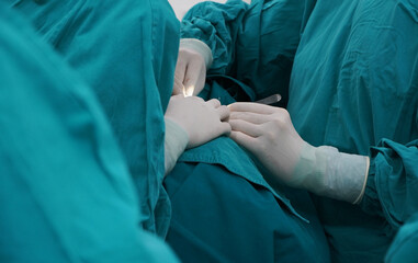 The doctor performed a nose surgery. Together with the assistant. The medical team is operating in the operating room.  