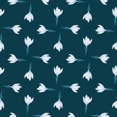 Geometric style seamless pattern with light crocus flowers hand drawn ornament. Dark turquoise background.