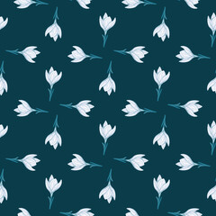 Geometric style seamless pattern with light crocus flowers hand drawn ornament. Dark turquoise background.