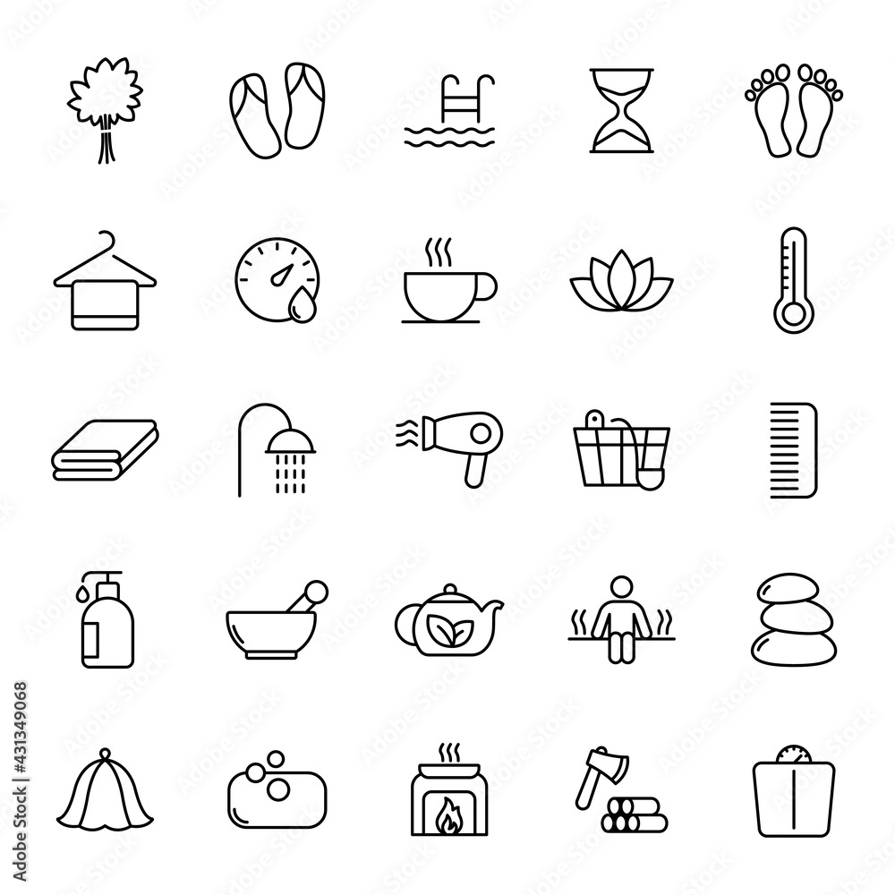 Poster spa and sauna line vector icons isolated on white. spa and sauna linear icon set for web and ui desi