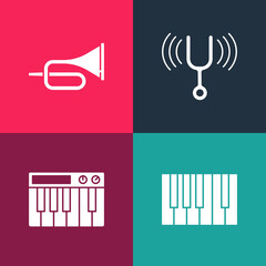 Set pop art Grand piano, Music synthesizer, Musical tuning fork and Trumpet icon. Vector