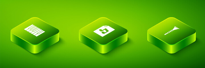 Set Isometric Music book with note, Clarinet and Grand piano icon. Vector