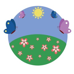 Bright childrens cartoon illustration. Field with flowers,sun and butterflies.