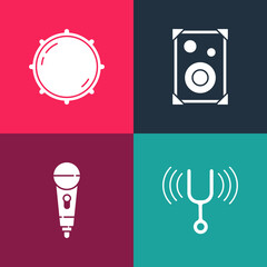 Set pop art Musical tuning fork, Microphone, Stereo speaker and Dial knob level icon. Vector