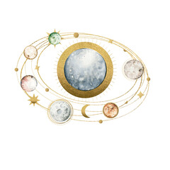 Handpanted set of mystical and mysterious cosmos. Golden skulls, space objects, moon, star, planet, hands, minimalistic objects. Geometric esoteric illustration for design, print, logo