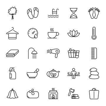 spa and sauna line vector icons isolated on white. spa and sauna linear icon set for web and ui design, mobile apps and print products