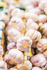 Garlic put up for sale in a grocery store