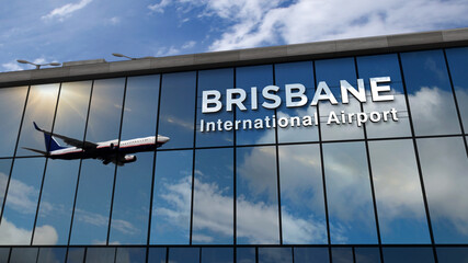 Airplane landing at Brisbane Australia airport mirrored in terminal