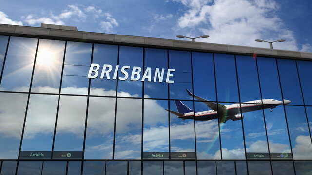 Airplane landing at Brisbane Australia airport mirrored in terminal