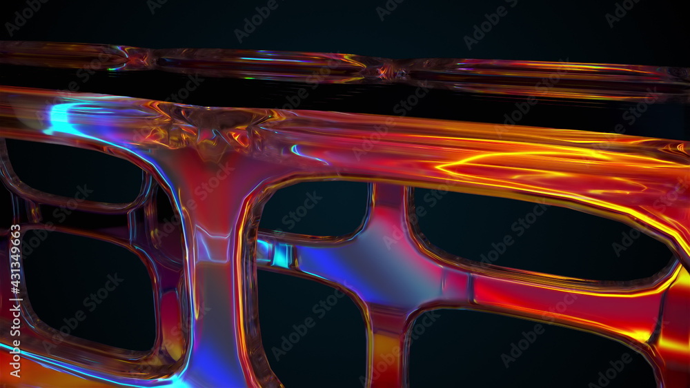 Poster glass 3d render plate with polished geometric tracery and technological future structure. cross mosa