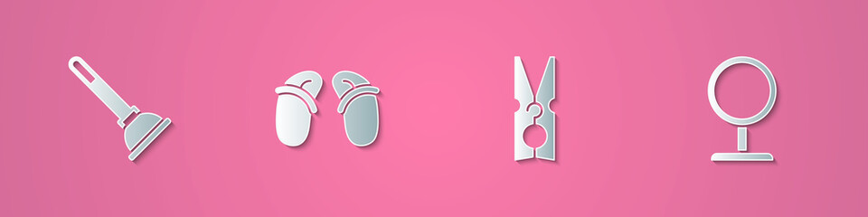 Set paper cut Rubber plunger, Flip flops, Clothes pin and Round makeup mirror icon. Paper art style. Vector