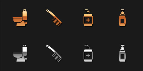 Set Toilet bowl, Hairbrush, Hand sanitizer bottle and Bottle of liquid soap icon. Vector