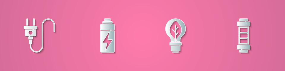 Set paper cut Electric plug, Battery, Light bulb with leaf and icon. Paper art style. Vector