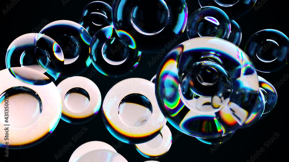 Poster round falling transparent 3d render balls with crystal realistic reflection. translucent pearls in d