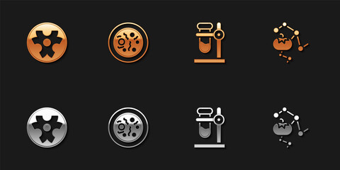 Set Biohazard symbol, Petri dish with bacteria, Test tube flask on stand and Genetically modified food icon. Vector