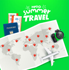 Paper world map with pins, aircraft, tickets, passport and digital camera