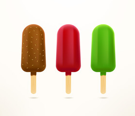 Ice cream popsicle vector set isolated on white background. Chocolate, strawberry, mint