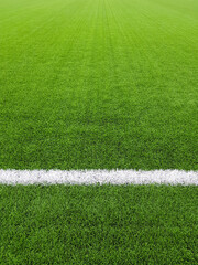 a fragment of a football field with an artificial grass with a drawn white line, source or wallpaper